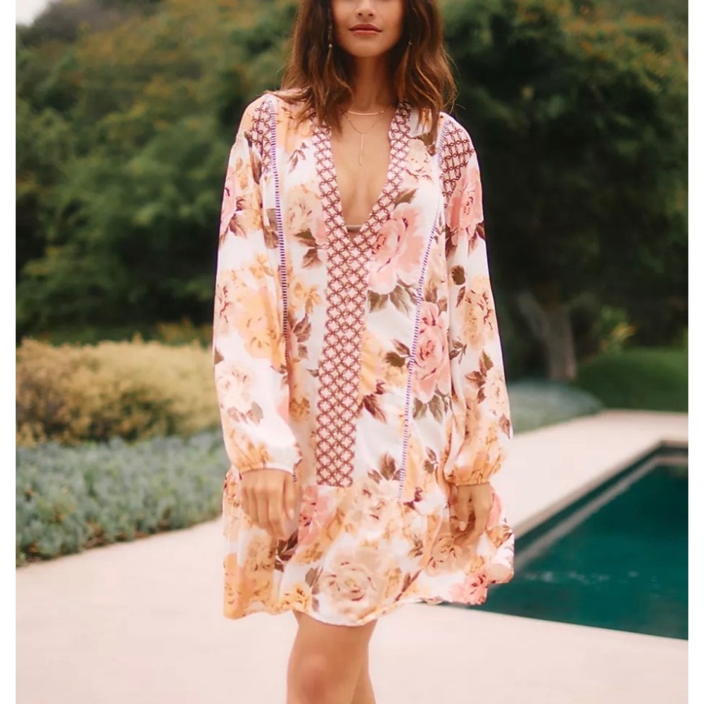 Maaji Afrodita Macy Floral Tunic Dress Womens Small Boho Crochet Trim Resort